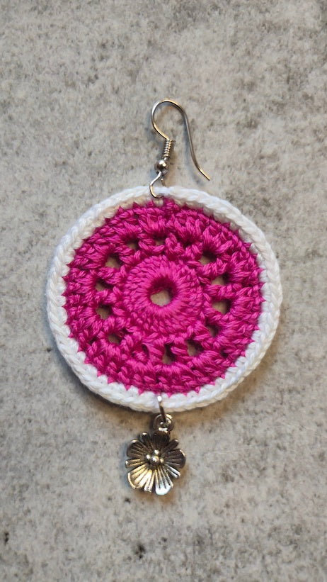 Pink and White Knitted Crochet Earrings