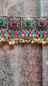 Multicolor Rhinestones Embedded Intricately Detailed Choker Necklace Set