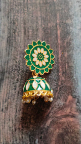 Bottle Green and Off-White Meenakari Dangler Jhumka Earrings