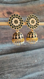 Load image into Gallery viewer, Black and Off-White Meenakari Dangler Jhumka Earrings
