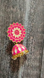 Load image into Gallery viewer, Baby Pink and Off-White Rhinestones Embedded Meenakari Dangler Jhumka Earrings

