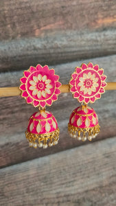 Baby Pink and Off-White Rhinestones Embedded Meenakari Dangler Jhumka Earrings