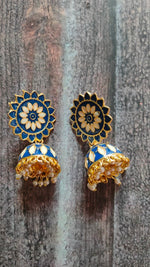Load image into Gallery viewer, Blue and Off-White Rhinestones Embedded Meenakari Dangler Jhumka Earrings
