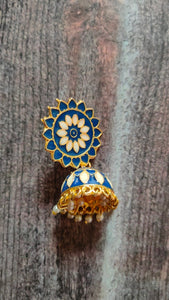 Blue and Off-White Rhinestones Embedded Meenakari Dangler Jhumka Earrings