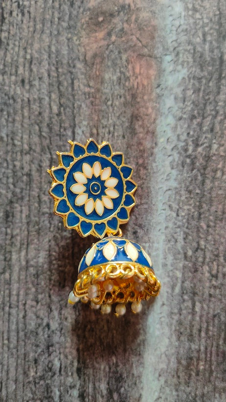Blue and Off-White Rhinestones Embedded Meenakari Dangler Jhumka Earrings