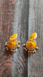 Load image into Gallery viewer, Vibrant Yellow and Off-White Rhinestones Embedded Meenakari Dangler Jhumka Earrings
