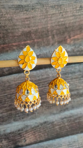 Vibrant Yellow and Off-White Rhinestones Embedded Meenakari Dangler Jhumka Earrings