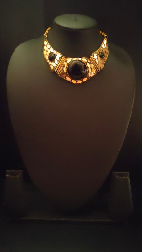 Gold Finish Statement Black Stone Tibetan Necklace