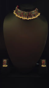 Multicolor Rhinestones Embedded Intricately Detailed Choker Necklace Set