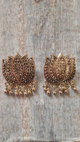 Lotus Motifs Oxidised Silver Earrings