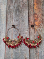 Load image into Gallery viewer, Chandbali Dangler Earrings with Peacock Motifs and Maroon Beads
