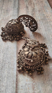 Long Oxidised Silver Jhumka Earrings