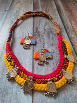 Braided Fabric Vibrant Stamped Coins Choker Necklace Set