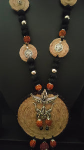 Jute, Fabric Beads and Rudraksha Durga Motif Necklace Set