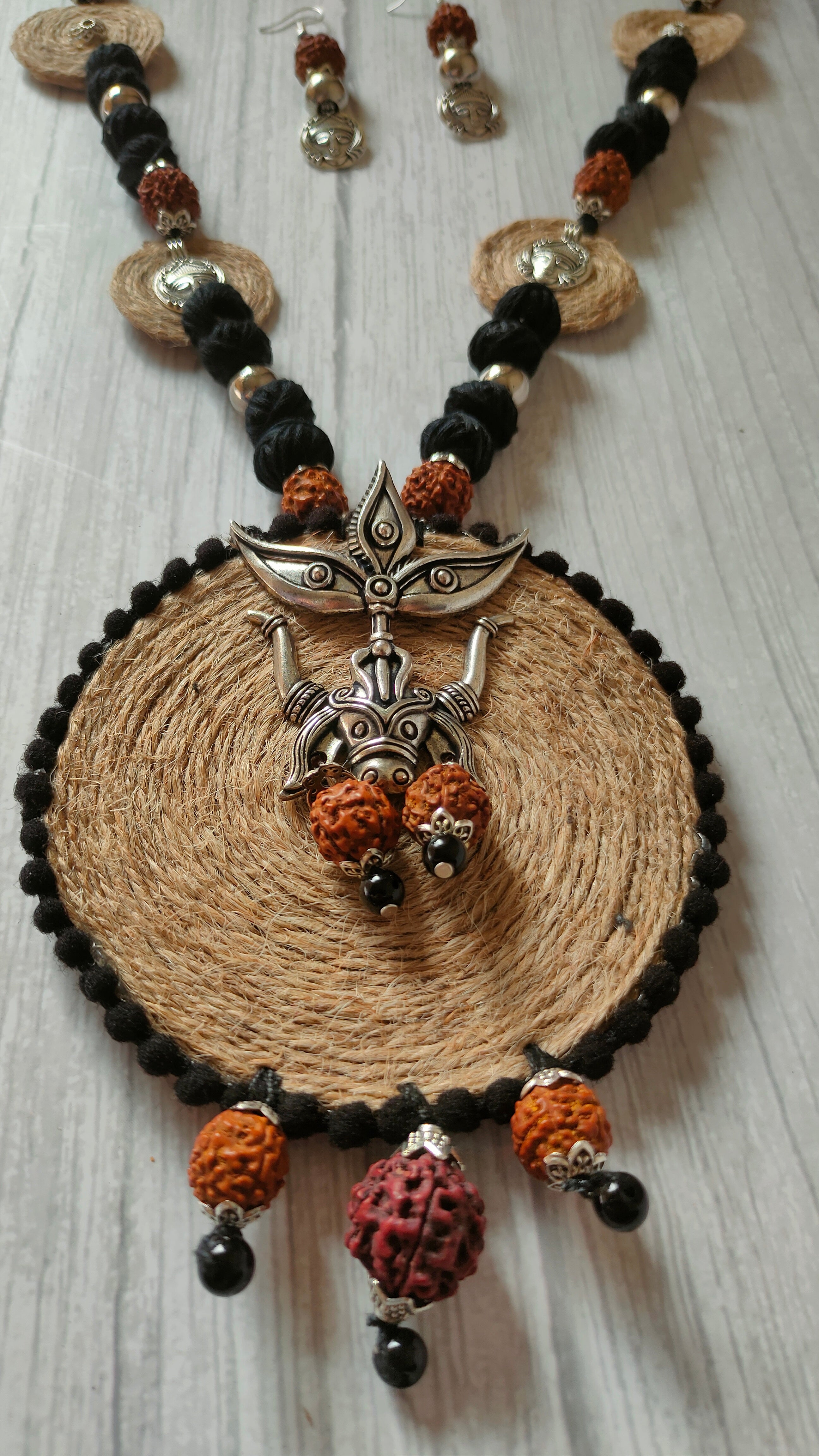 Jute, Fabric Beads and Rudraksha Durga Motif Necklace Set