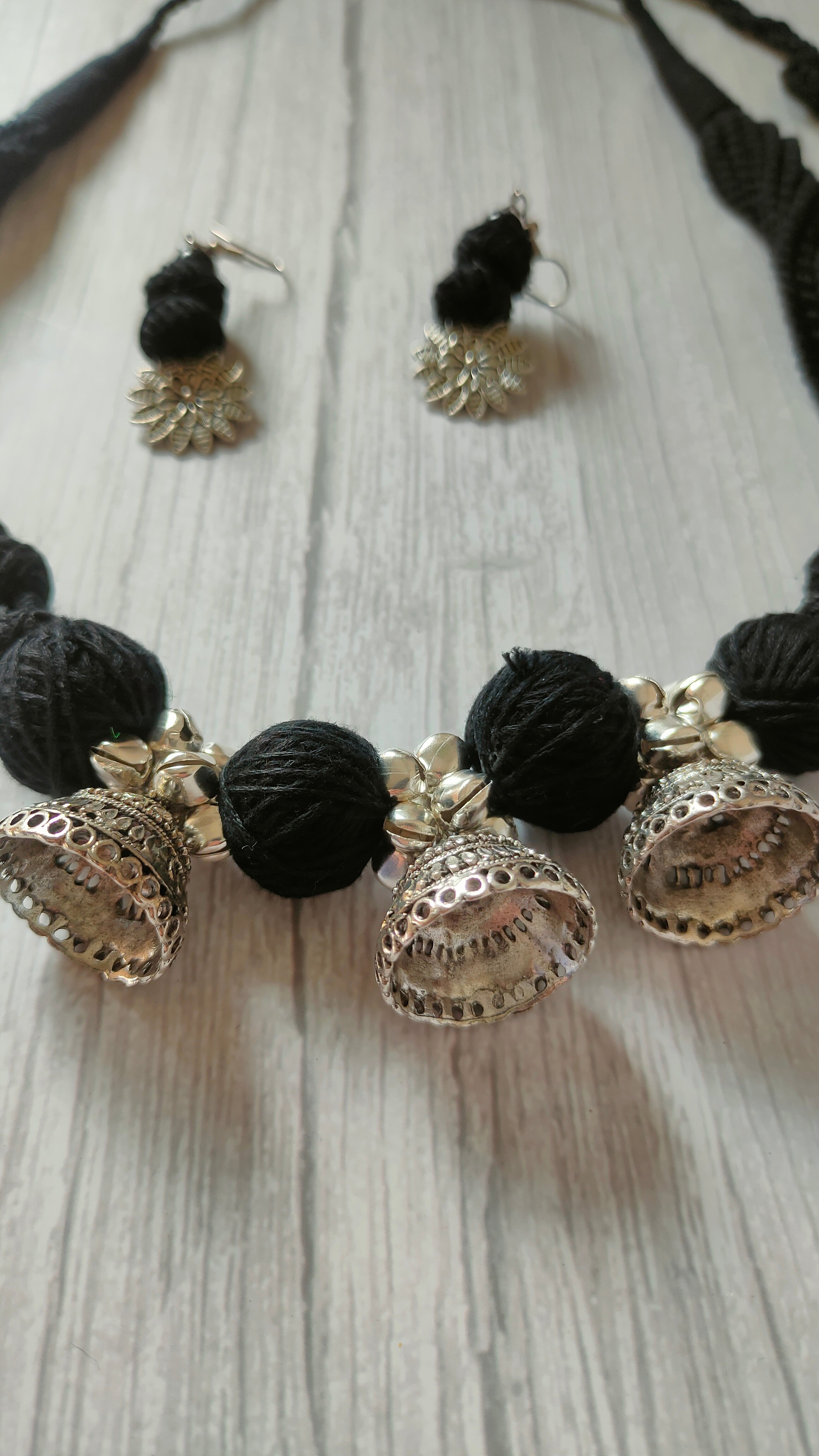 Black Braided Fabric Threads Necklace Set