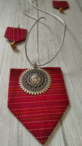 Kantha Work Red Fabric Durga Motif Necklace Set