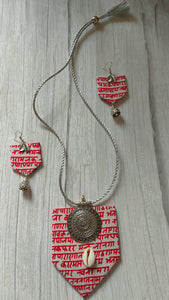 Mantra Printed Fabric Necklace Set with Shells