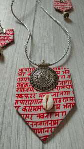 Mantra Printed Fabric Necklace Set with Shells