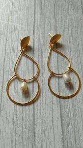 Elegant Minimalist 2 Layer Brass Dangler Earrings with Pearl Beads
