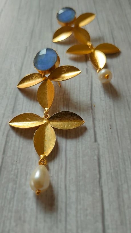 2 Layer Leaf Shaped Brass Dangler Earrings with Turquoise Stone and Pearl Beads