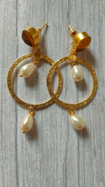 Load image into Gallery viewer, Circular Brass Dangler Earrings with Pearl Beads and Stone
