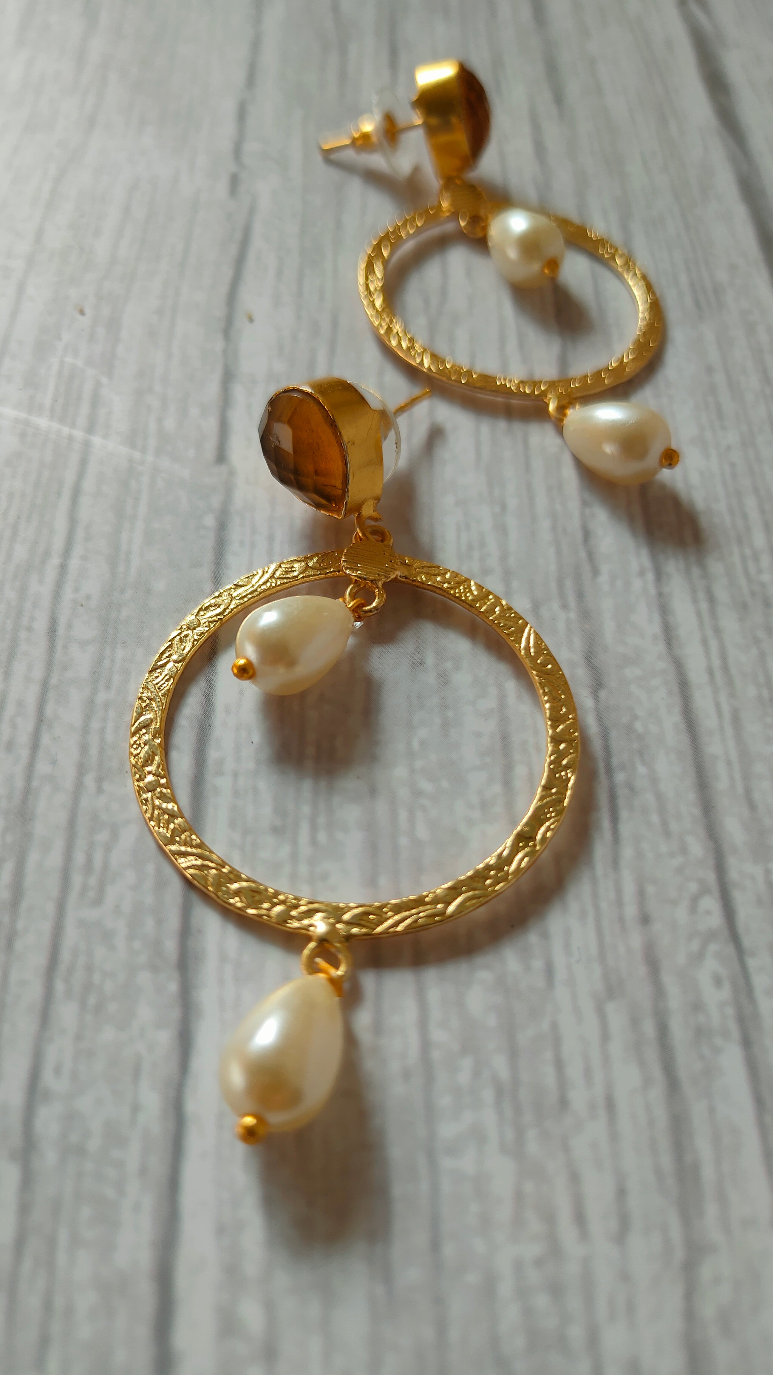 Circular Brass Dangler Earrings with Pearl Beads and Stone