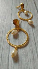 Load image into Gallery viewer, Circular Brass Dangler Earrings with Pearl Beads and Stone
