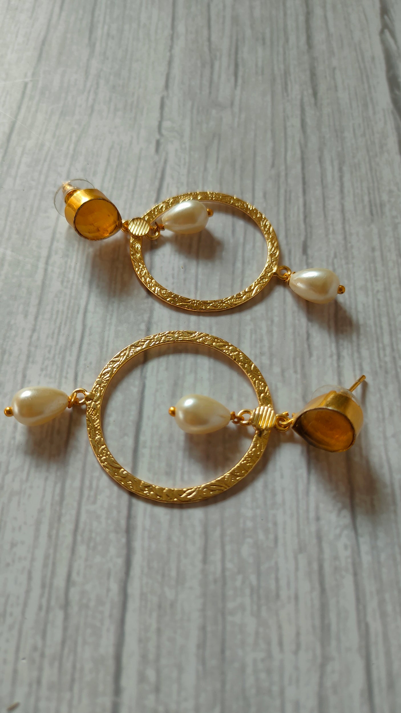 Circular Brass Dangler Earrings with Pearl Beads and Stone