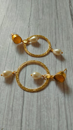 Load image into Gallery viewer, Circular Brass Dangler Earrings with Pearl Beads and Stone
