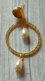 Load image into Gallery viewer, Circular Brass Dangler Earrings with Pearl Beads and Stone
