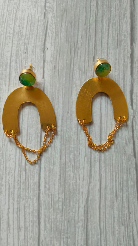 Horse Shoe Brass Earrings with Chain Strings and Green Stone