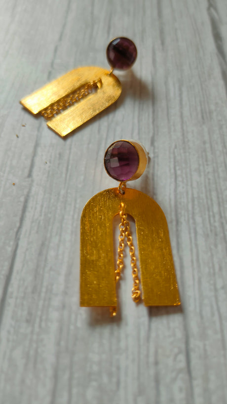 Horse Shoe Brass Earrings with Chain Strings and Purple Stone