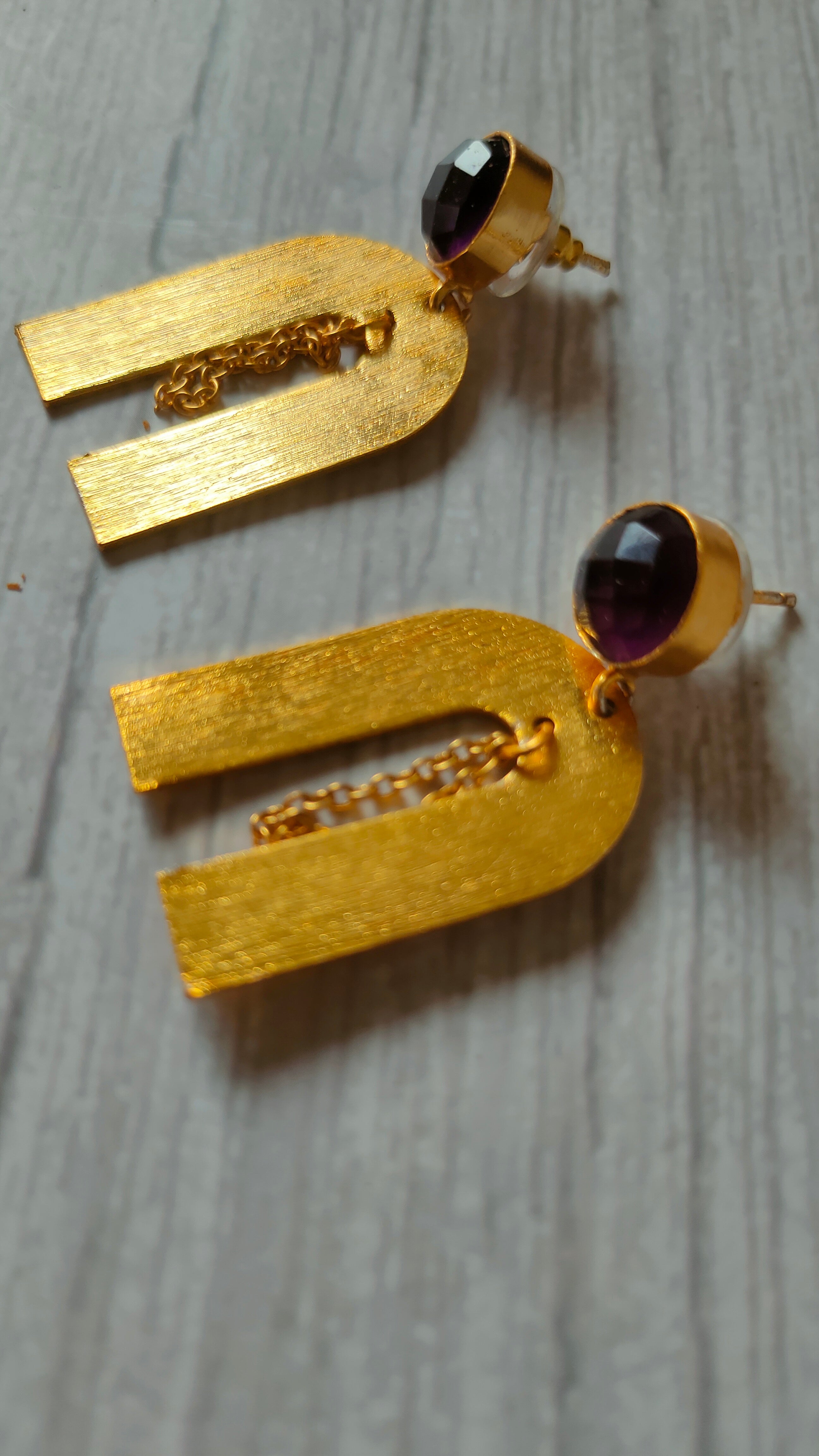 Horse Shoe Brass Earrings with Chain Strings and Purple Stone
