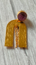 Load image into Gallery viewer, Horse Shoe Brass Earrings with Chain Strings and Purple Stone
