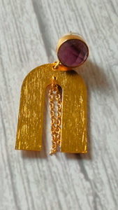 Horse Shoe Brass Earrings with Chain Strings and Purple Stone