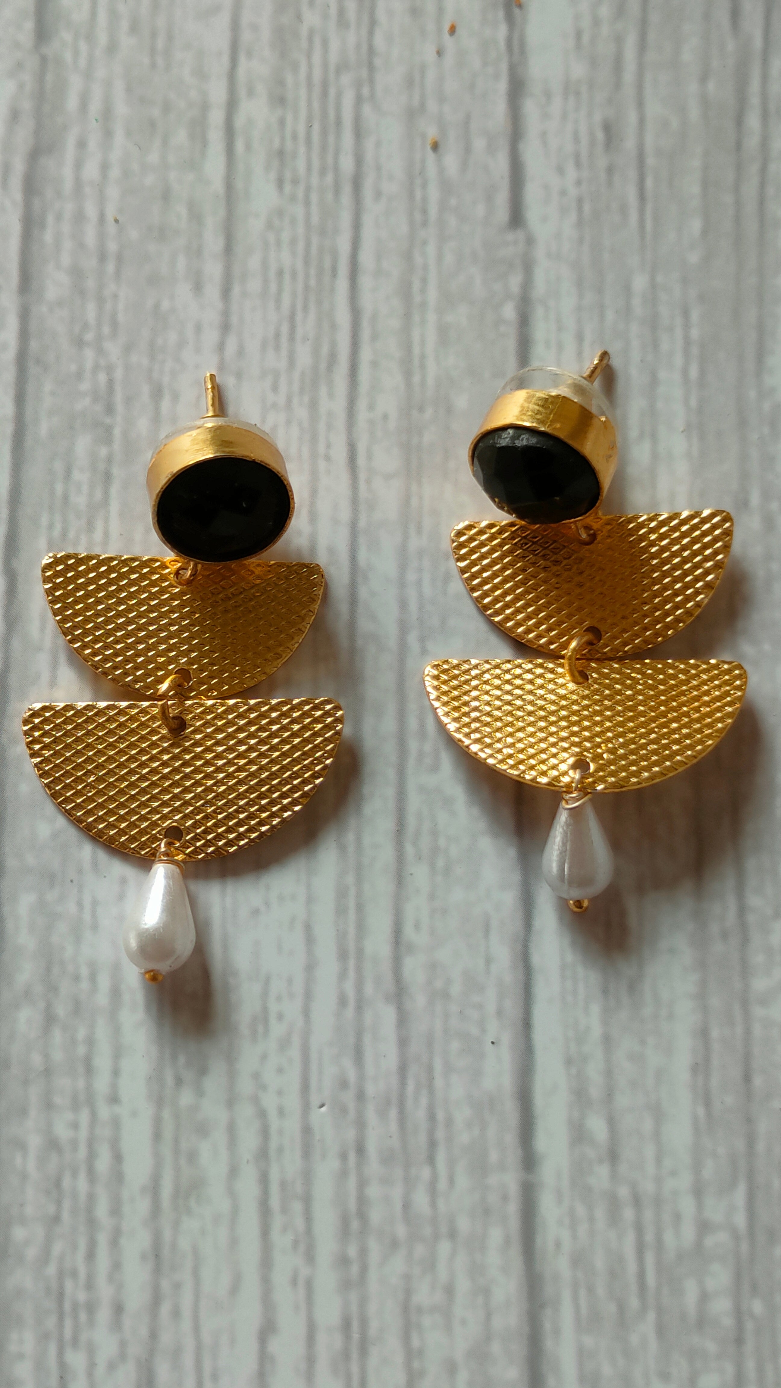 2 Layer Brass Earrings with Black Stone and Pearl Beads
