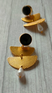 2 Layer Brass Earrings with Black Stone and Pearl Beads
