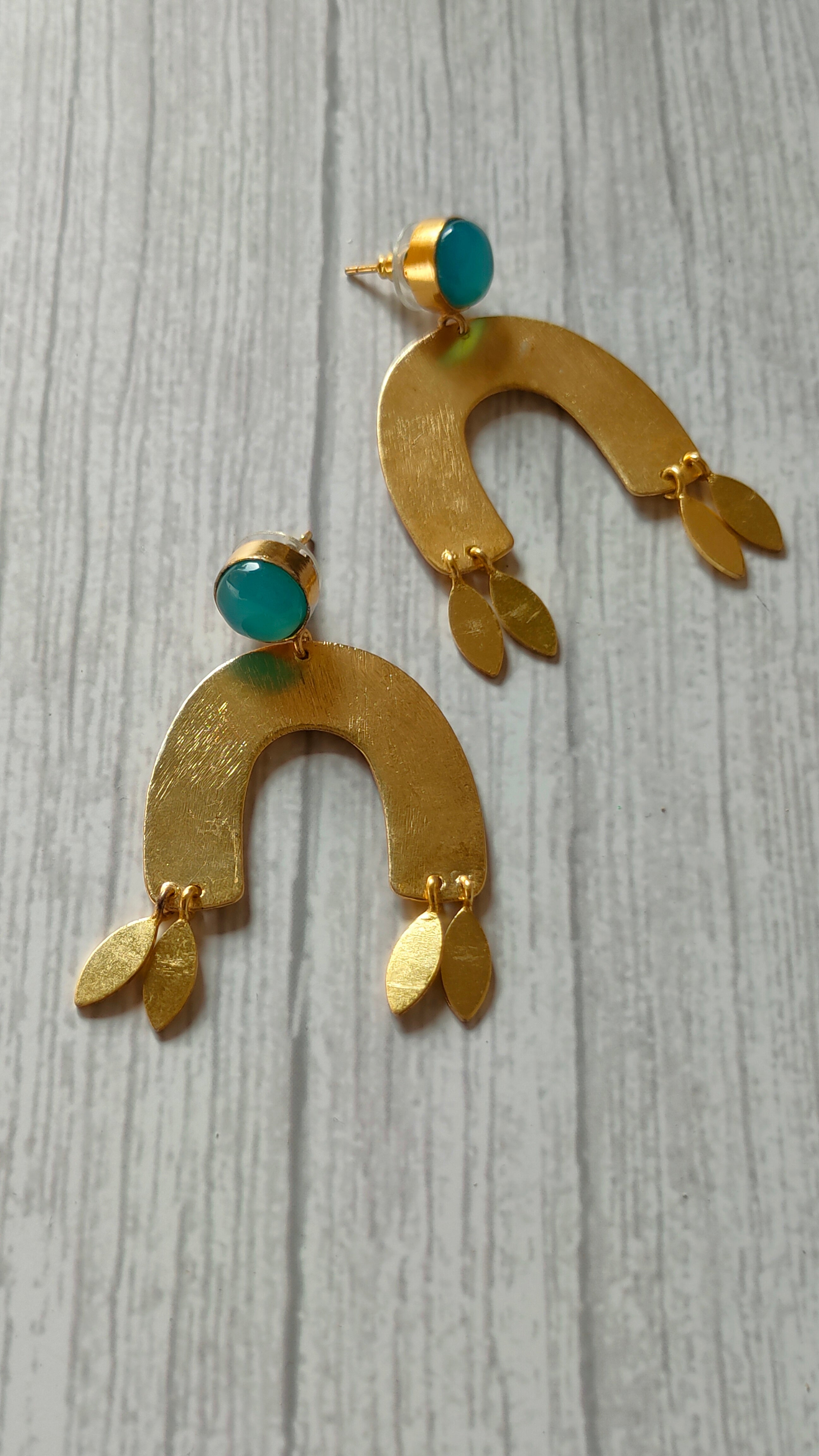 Horse Shoe Brass Earrings with Leaf Danglers and Turquoise Stone