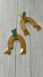 Load image into Gallery viewer, Horse Shoe Brass Earrings with Leaf Danglers and Turquoise Stone

