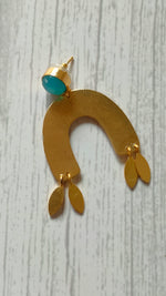 Load image into Gallery viewer, Horse Shoe Brass Earrings with Leaf Danglers and Turquoise Stone
