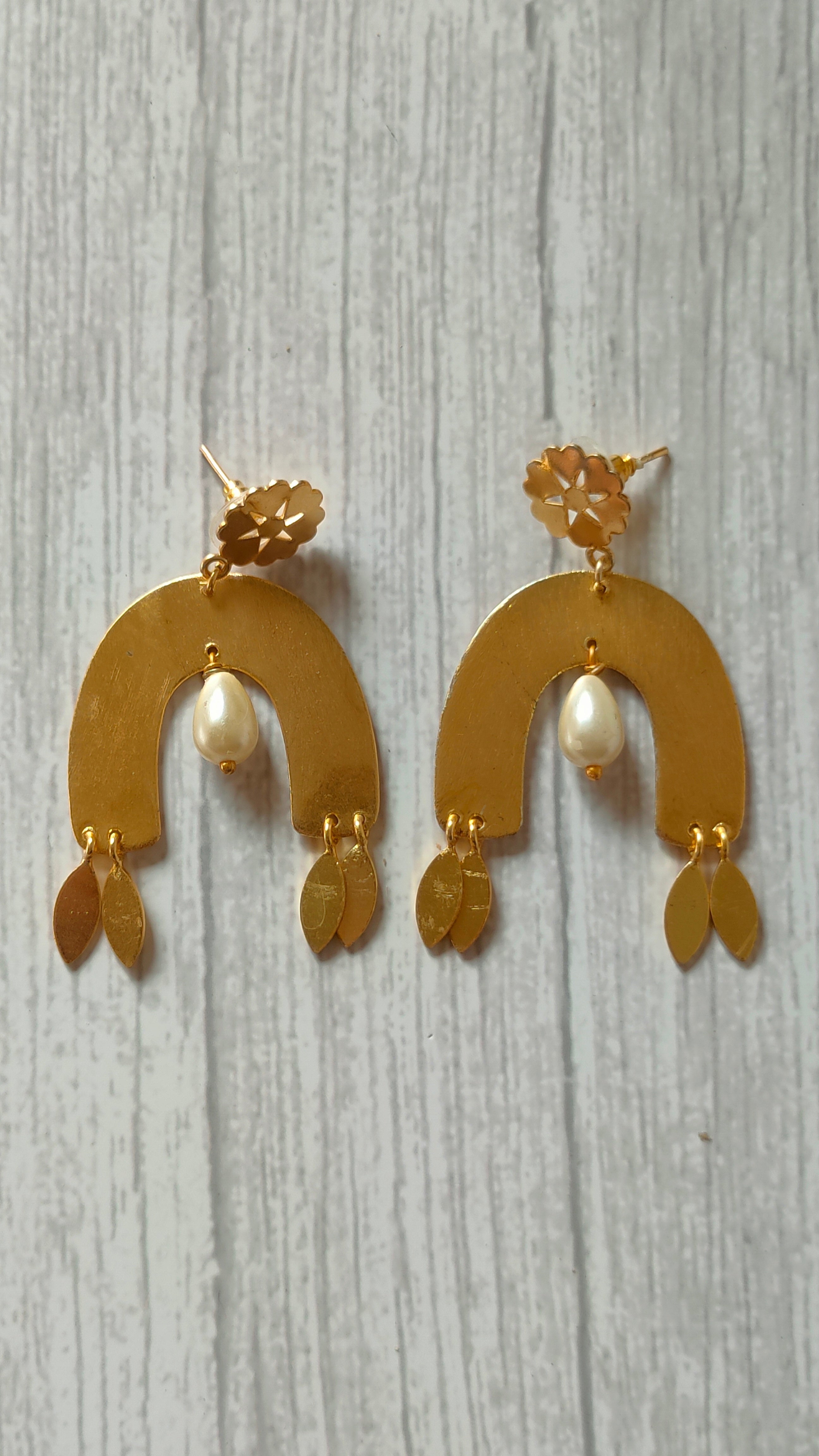 Horse Shoe Brass Earrings with Leaf Danglers and Pearl Beads