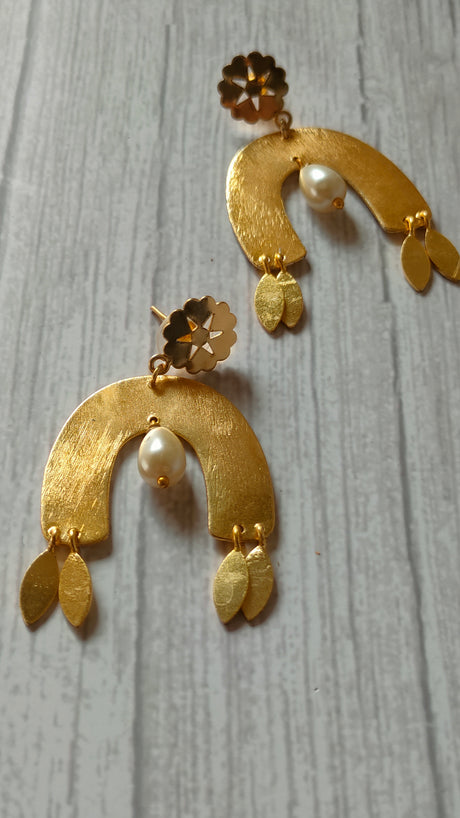 Horse Shoe Brass Earrings with Leaf Danglers and Pearl Beads