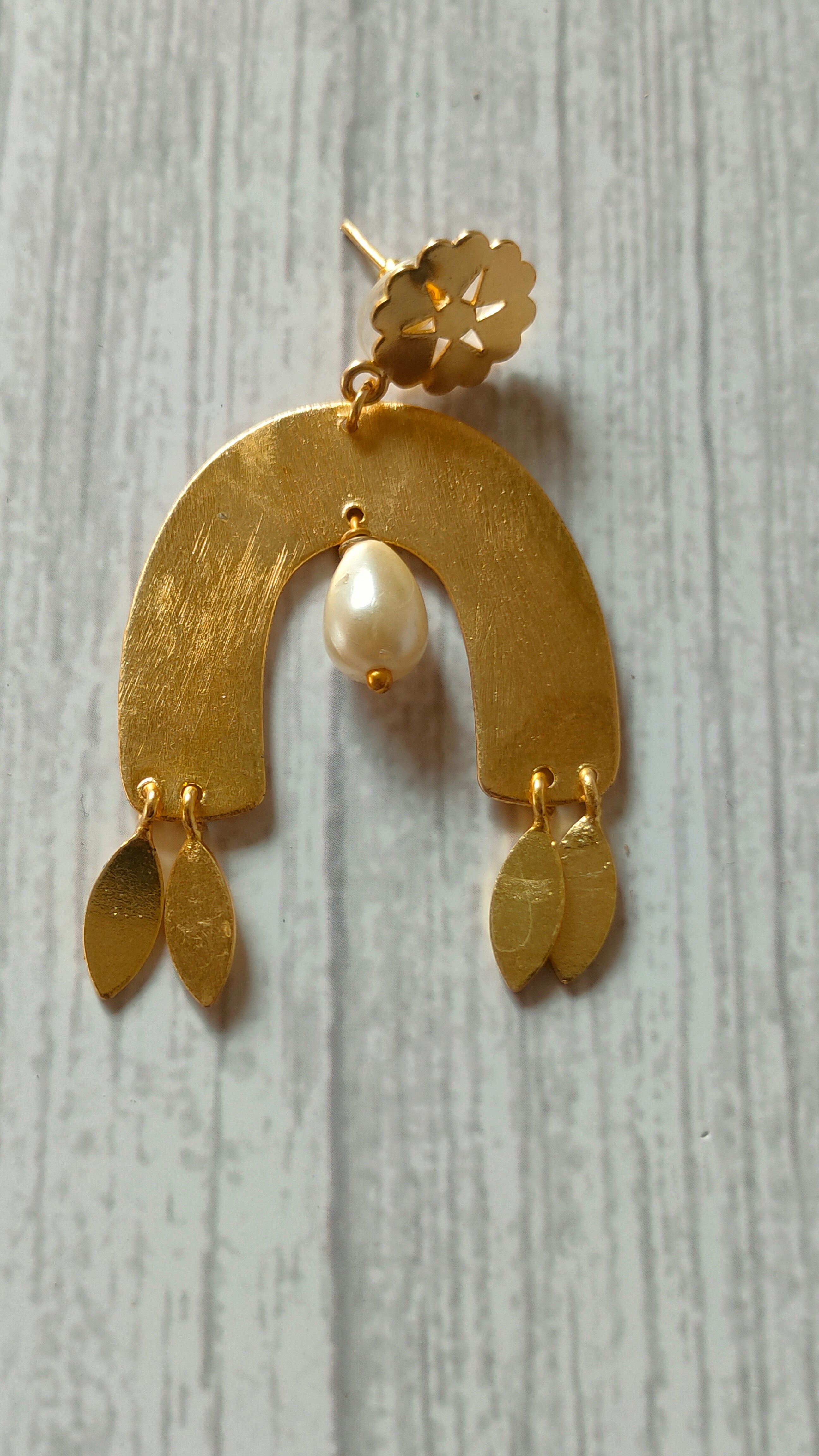 Horse Shoe Brass Earrings with Leaf Danglers and Pearl Beads