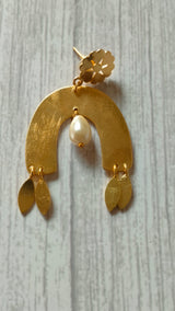 Horse Shoe Brass Earrings with Leaf Danglers and Pearl Beads