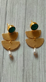 Load image into Gallery viewer, 2 Layer Brass Earrings with Turquoise Stone and Pearl Beads
