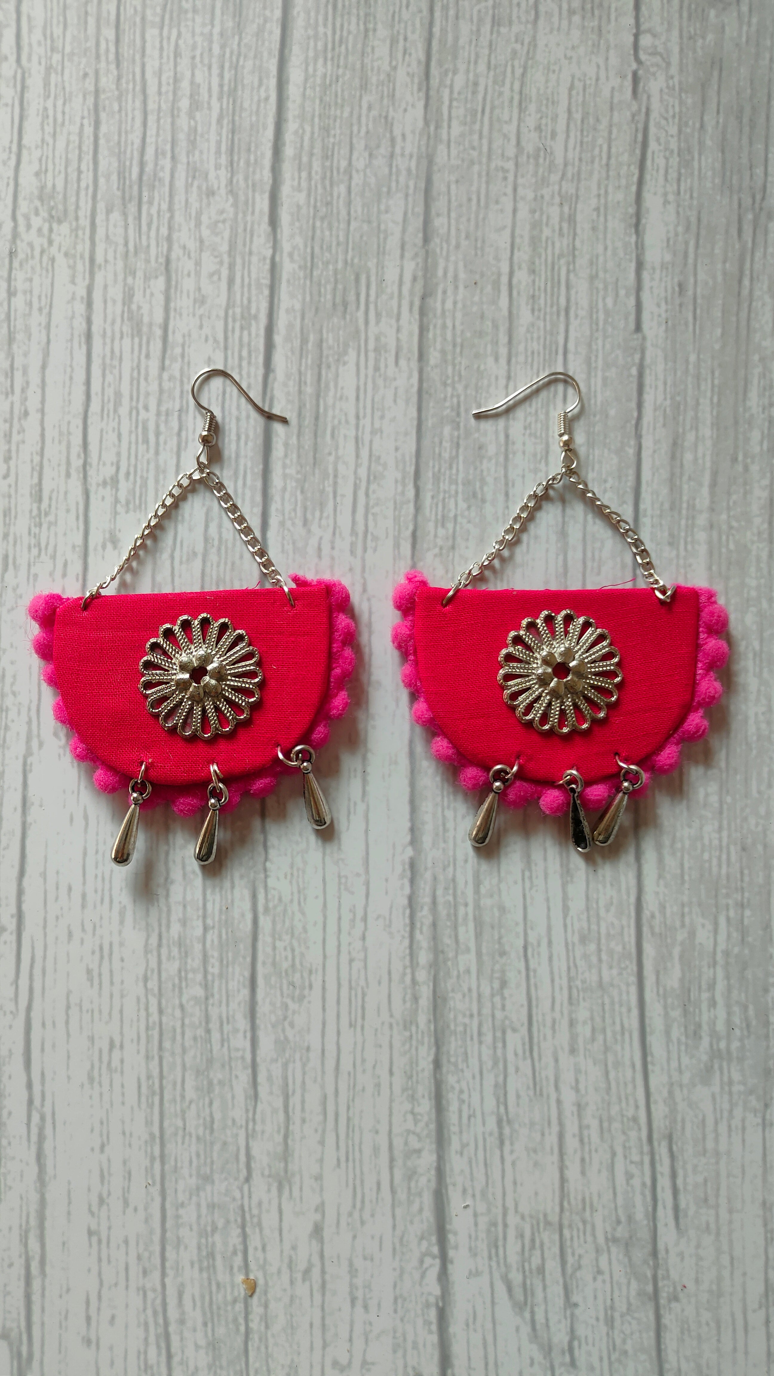 Handcrafted Semi-Circle Fabric Earrings with Chain Strings
