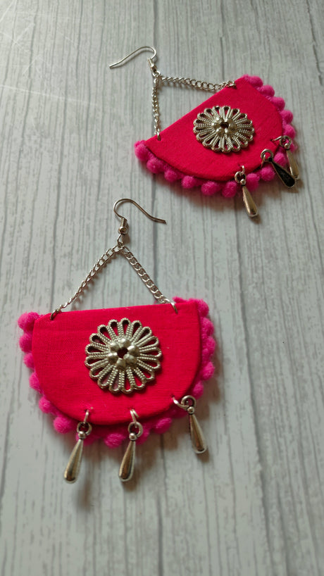 Handcrafted Semi-Circle Fabric Earrings with Chain Strings