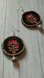 Load image into Gallery viewer, Hand Painted Fabric and Jute Earrings with Ghungroo Attachments
