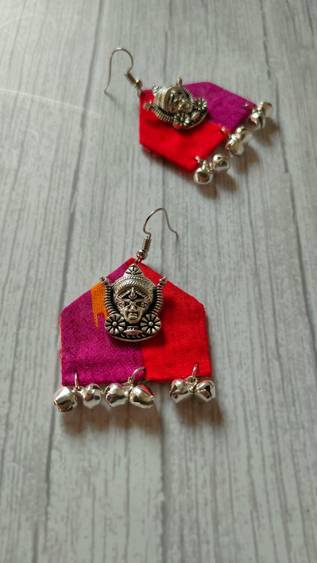 Handcrafted Religious Motif Fabric Earrings with Ghungroo Enhancements